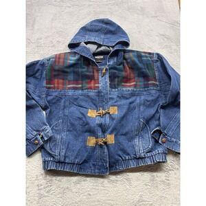 Braetan Denim Hooded Toggle Jacket Small‎ Vintage 90's Plaid Wool Yoke Coat